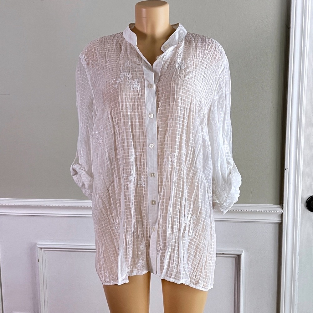 Emma James Blouse 16W Women Embroidered Sheer Plaid Roll Tab White Coastal Boho